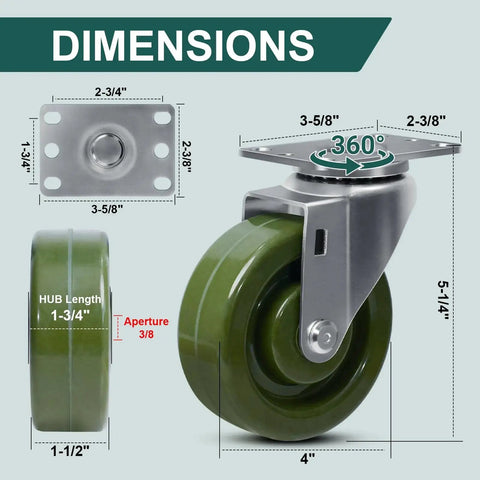 4 Inch By 1.5 Inch High Temperature Caster Wheels Set Of 4 For Bakery Ovens, Heavy Duty Swivel Casters With 2800 Lb Capacity
