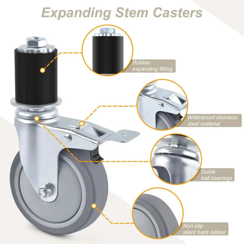 Four Inch Universal Adjustable Caster Wheels Set With Brakes For Tube Legs From 7/8 Inch To 1-5/8 Inch Fits Stainless Steel Tables