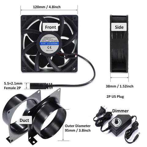 Front and side view of 4 Inch Axial Exhaust Fan 120mm 12V With Dual Ball Bearings 3000RPM For DIY Soldering 3D Laser And Paint Booth Kit 141 CFM PWM Dimmer Included Duct Adapters Mesh Ready To Go, showing duct adapters and dimmer.
