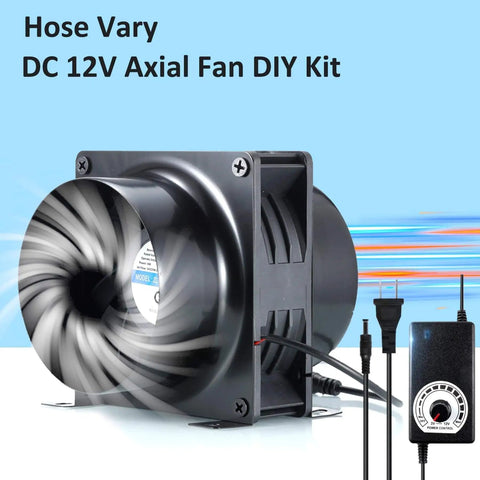 4 Inch Axial Exhaust Fan 120mm 12V With Dual Ball Bearings 3000RPM for DIY soldering and laser kit, PWM dimmer, duct adapter visible.