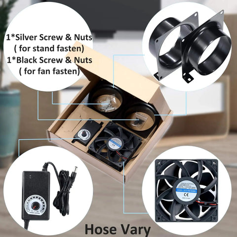 4 Inch Axial Exhaust Fan 120mm 12V With Dual Ball Bearings 3000RPM For DIY Soldering 3D Laser And Paint Booth Kit 141 CFM PWM Dimmer Included Duct Adapters Mesh Ready To Go showing fan, power adapter, and ducting adapters