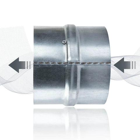 Side view of 4 Inch Backdraft Damper Duct 2 Pack One Way Airflow Insert For Ducting In Range Hoods Bathrooms Fans And Kitchen Fans Heavy Duty Galvanized Steel With Stainless Steel Axis And Spring Easy Install showing air direction.