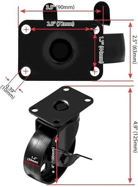 Top view and side view of 8 Pack 4 Inch All Black Metal Swivel Plate Caster Wheels Heavy Duty High Gauge Steel With Screws Includes Four Brakes And Four Non Brake Capacity 400 Lb Each Wheel Diameter 4 Inch Ideal For Carts Cabinets And Tools.
