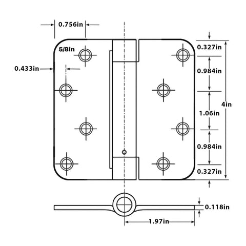 Technical diagram of 3 Pack Self Closing Door Hinges 4 Inch Black Spring Hinge With 5 Eighths Inch Radius Corner Adjustable Tension