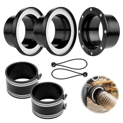 4 inch magnetic dust collection kit with 1 connector, 2 port receivers, 2 hose couplers, 2 bungee cords.