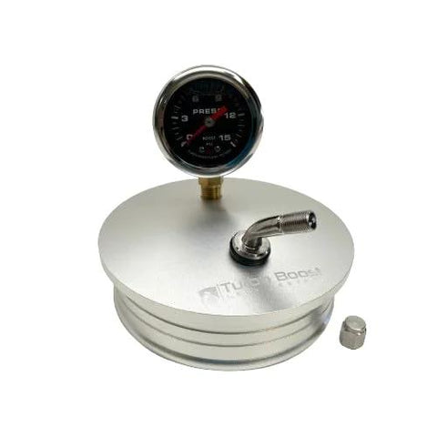 4-inch aluminum boost leak tester end cap (6061) with 15 PSI gauge and T-bolt clamp