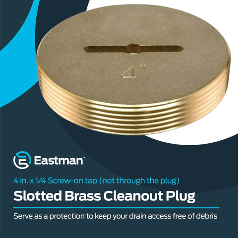 4 Inch Slotted Brass Cleanout Plug For Drain Waste And Vent Setups Eastman 42004 Machine Threaded with logo and product info