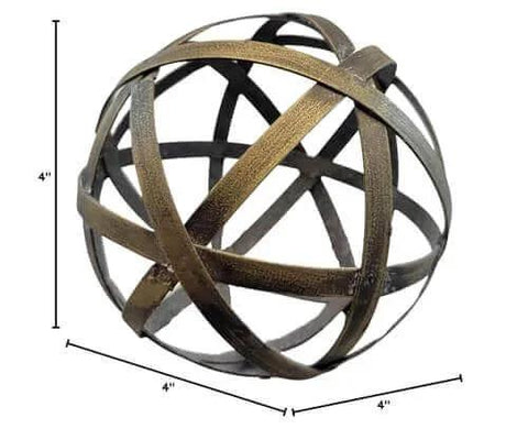 Audrey's Woven 4 inch Brass Decorative Orb Metal Decor Balls Accent Bowl Spheres Art showing front view with dimensions