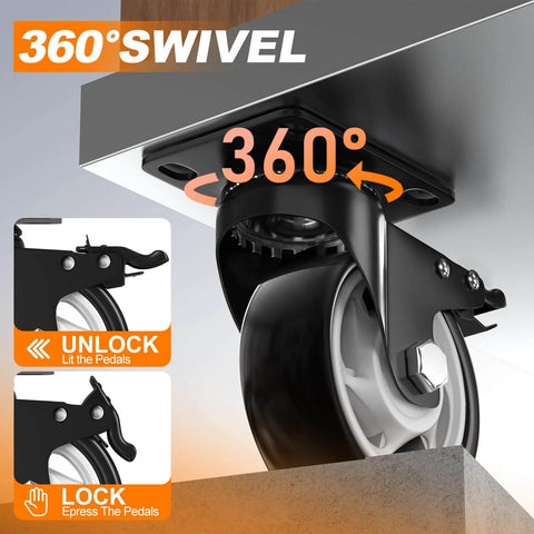 Illustration of 4 inch heavy duty caster wheels set of 4 rated 2400 lb total with 360 swivel dual locking brakes for workbenches, carts.