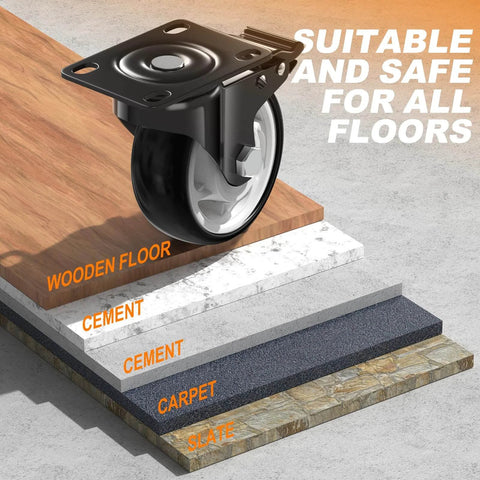 4 inch heavy duty caster wheels set of 4 rated 2400 lb total with 360 swivel dual locking brakes shown on multiple floor types