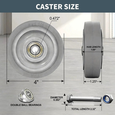 Diagram showing 4 Inch Caster Wheels Set of 4 with Thermoplastic Rubber Silent Castors Heavy Duty Industrial Casters dimensions.