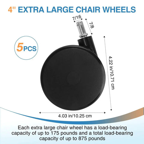4 Inch Extra Large Chair Wheels 5 Pcs Heavy Duty Twin Office Chair Casters Replacement Seven Sixteenth Inch By Seven Eighth Inch Grip Ring shown.