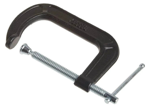 Bessey 4 Inch Drop Forged C Clamp With Swivel Pad Galvanized Finish Cold Drawn Steel Spindle in a side view showing details.
