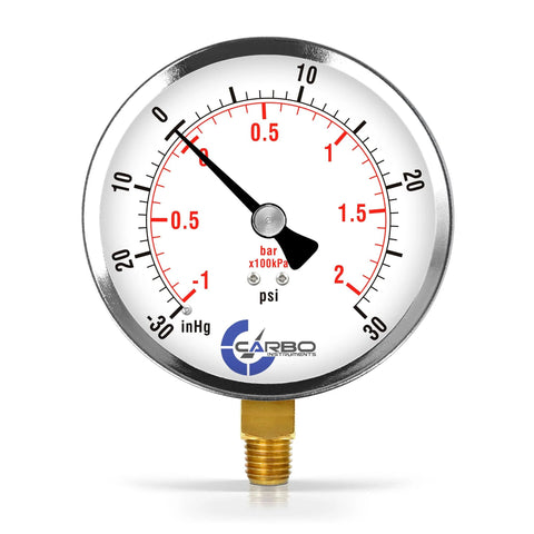 CARBO Instruments 4-inch pressure gauge, chrome-plated steel case, dry vacuum -30 inHg/30 psi, lower mount 1/4 in NPT