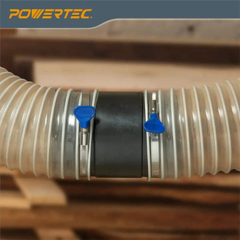 Extends two 4 inch ID dust hoses with a secure quick connect splice, enabling flexible, seamless dust collection for woodworking stations.