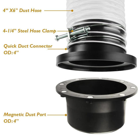 O'SKOOL 4-in port magnetic dust collector system with magnetic dust port, quick duct connector, and steel hose clamp