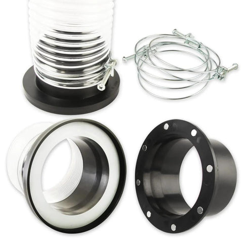 O'SKOOL 4-inch port magnetic dust collector system kit with flexible spiral hose, metal clamps, and 4-inch flange adapters.