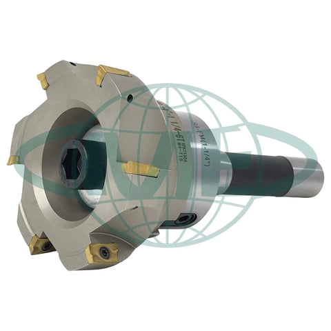 4 Inch 90 Degree Indexable Face Mill With R8 Arbor Six Pro Grade APKT1604 Inserts Included Pre Installed For Steel And Metalworking Precision Milling Six Flutes One And A Quarter Inch Mounting Bore Ideal For Roughing And Finishing side view.