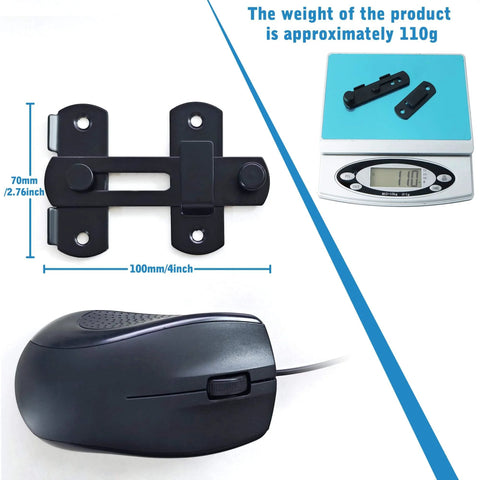 4 inch Flip Latch Gate Latches with mouse for size comparison, Safety Door Lock for Barn Wood Fence Sliding French Doors, Heavy Duty SUS304 Stainless Steel Gate Hardware Matte Black MS9500-B, weight 110g
