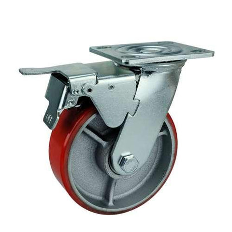 4" Inch Heavy Duty Caster Wheel 661 pounds Swivel and Upper Brake Cast Iron and Polyurethane Top Plate - VXB Ball Bearings