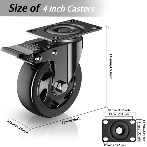 Heavy Duty 4 Inch Caster Wheels Set Of 4 With Brakes And Locking Swivel Plate Industrial Castors For Carts Furniture And Workbenches