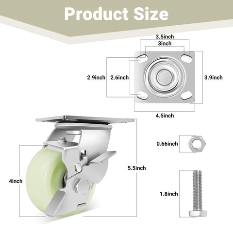 Heavy Duty Caster Wheels 4 Inch - 2500 LBS dimensions with PP plate, double ball bearings, and non-marking swivel for industrial use