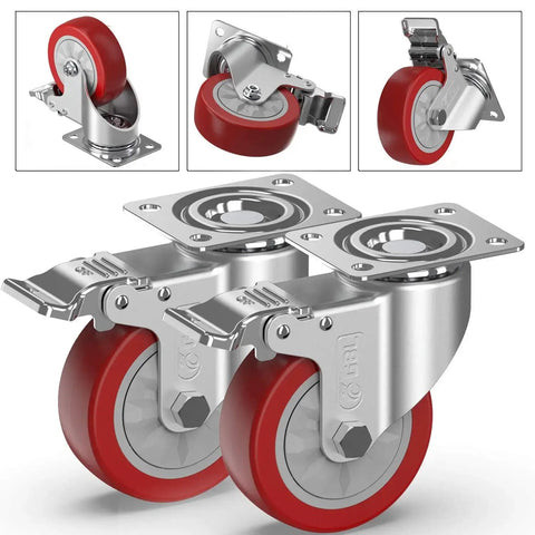 4 Inch Heavy Duty Caster Wheels With Brakes And Screws Set Of Four Silent Rubberized Castors Up To 1320 Lbs Capacity