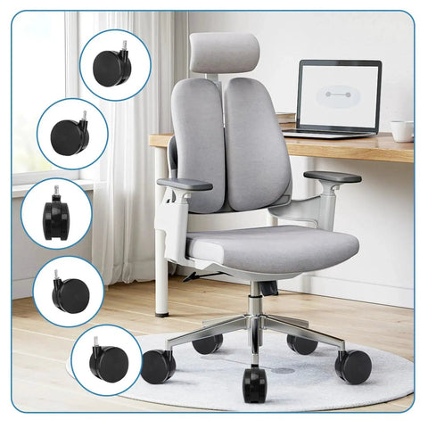 Office chair with 4 Inch Extra Large Chair Wheels 5 Pcs Heavy Duty Twin Office Chair Casters Replacement Seven Sixteenth Inch By Seven Eighth Inch Grip Ring, showing size and fit for hardwood floors.