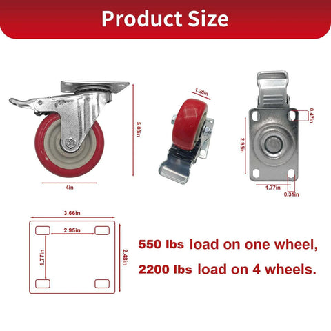 8 piece 4 inch heavy duty locking swivel casters with brakes, set designed for carts and workbenches with a 2200 lb load capacity size diagram.
