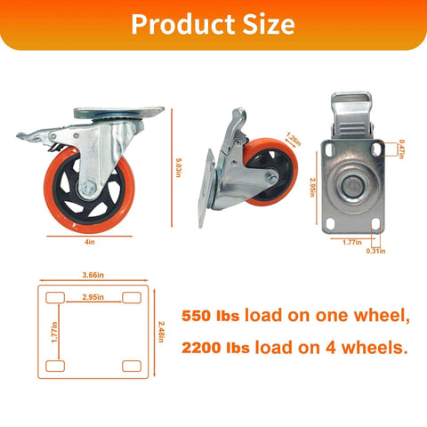 8 piece 4 inch heavy duty locking swivel casters with brake size chart showcasing dimensions and load capacity.
