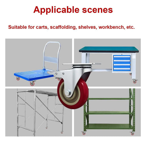 Image showing 6 piece 4 inch heavy duty locking swivel casters with brakes, set designed for carts and workbenches with 3300 lb load capacity in various applications.