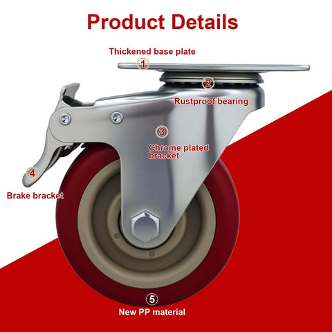 Close-up of 6 piece 4 inch heavy duty locking swivel casters with brakes, set designed for carts and workbenches with 3300 lb load capacity showing details.