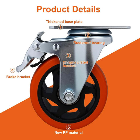 Close-up of 6 piece 4 inch heavy duty locking swivel casters with brake, showcasing chrome plated bracket and thickened base plate.