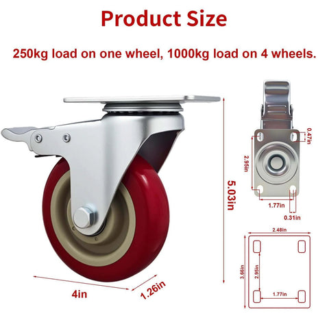 6 piece 4 inch heavy duty locking swivel casters with brakes, set designed for carts and workbenches with 3300 lb load capacity product size chart.