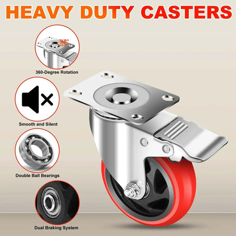 4 Inch Industrial Caster Wheels With Brake Set Of 4 Heavy Duty 2200 Lb Capacity 360 Degree Swivel For Carts Workbenches And Furniture