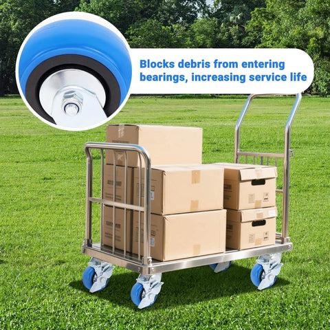 Cart loaded with boxes on grass, featuring 4 Inch Heavy Duty Casters with smooth rolling PU wheels and sealed maintenance free bearings.