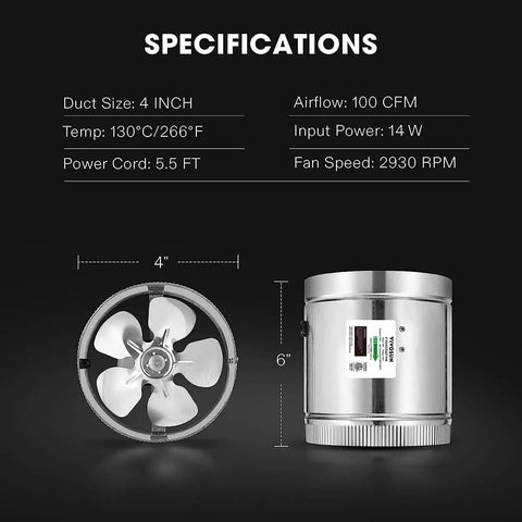4 Inch Inline Duct Fan 100 CFM Quiet Exhaust For HVAC Systems with specifications and front view of compact duct fan.