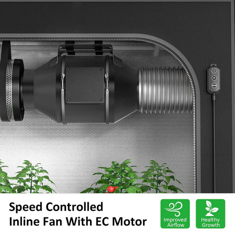 Ultra Quiet 4 Inch Inline Duct Fan With EC Motor Delivering 214 CFM At 30W And 27dB Noise, 10 Speed Controller in grow tent.