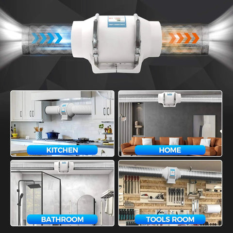 4 Inch Inline Duct Fan With 280 CFM Beast Mode Airflow for Quiet Low Noise Ventilation shown installed in kitchen, bathroom, and tools room.