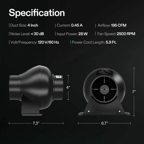 Specifications of 4 Inch Inline Duct Ventilation Fan D4 195 CFM For Grow Tents And Hydroponics HVAC Exhaust Booster For Attics Basements And Kitchens 2500 RPM Airflow