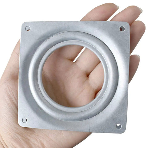 4 Inch Square Lazy Susan Hardware Rotating Bearing Plate With 300 Pound Capacity, zinc plated steel, held in hand