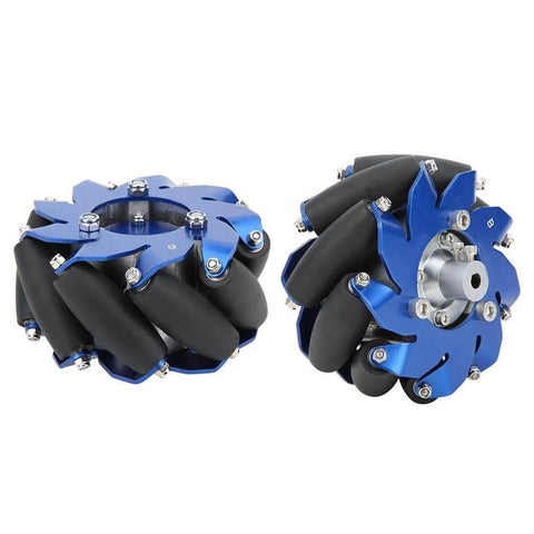 4 Inch Left Mecanum Wheel with aluminum body and TPU rubber rollers featuring 50mm wheel width, 100mm diameter, for industrial robot use.
