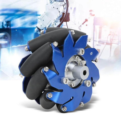 4 Inch Left Mecanum Wheel with aluminum body and TPU rubber rollers featuring 50mm wheel width 100mm diameter.