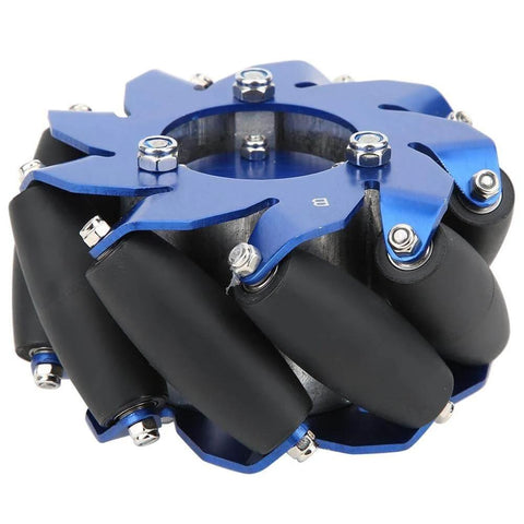 4 Inch Left Mecanum Wheel with aluminum body and TPU rubber rollers featuring 50mm wheel width 100mm diameter.