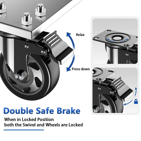 Heavy Duty 4 Inch Caster Wheels Set Of 4 With Brakes And Locking Swivel Plate Industrial Castors shown with close-up of brake lock mechanism and swivel plate.