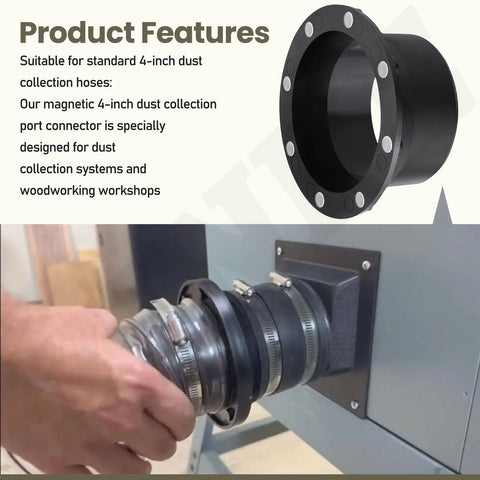 4-inch magnetic dust collection connector with dust-control flex cuff for wood shop vacs, installed on equipment interface