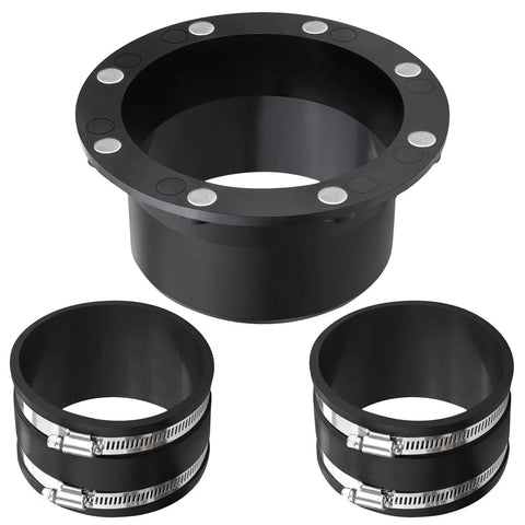 Front view: 4-inch magnetic dust-collection connector three-piece kit with flex cuffs and hose clamps, black plastic
