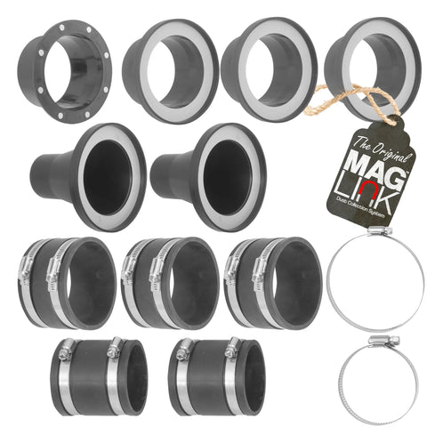 Mag Link 4-inch magnetic dust collection fittings set with gray flanges, adapters, and hose clamps