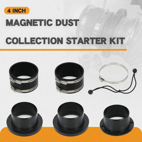 4-inch magnetic dust collection fittings starter kit; six-piece set with two black rings, three adapters, clamp