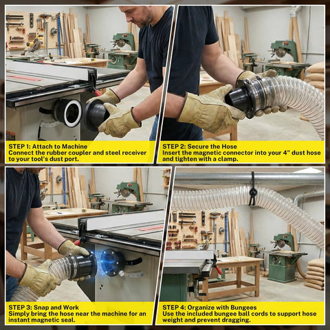 4-Inch Magnetic Dust Collection Kit attached to a table saw dust port with flexible hose in a woodworking shop